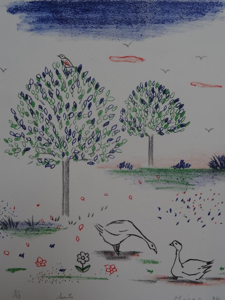 kleurrijke litho ganzen bij bomen, lente Mira O. 1984, Antiek en Kunst, Kunst | Litho's en Zeefdrukken, Verzenden