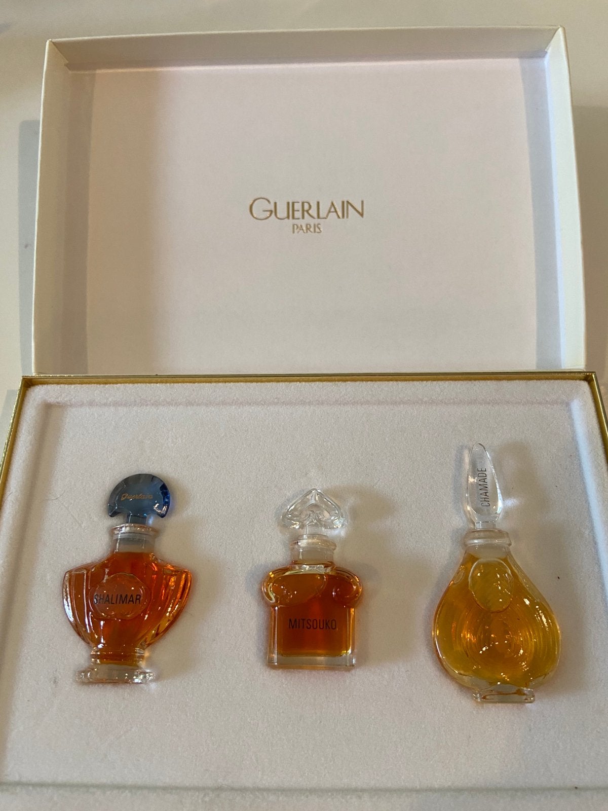Vintage set pure parfum guerlain shalimar mitsouko chamade, Ophalen of Verzenden, Zo goed als nieuw, Miniatuur