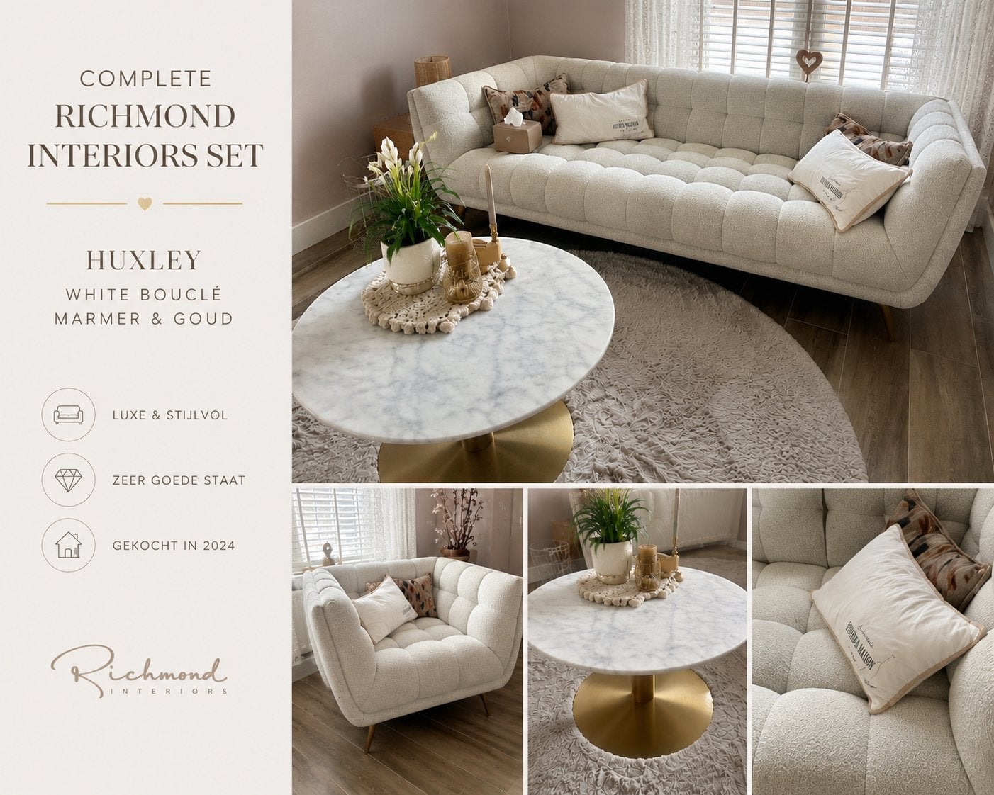 Complete Richmond Huxley bank,fauteuil&marmeren salontafel, Eenpersoons, 75 tot 100 cm, Ophalen of Verzenden, Zo goed als nieuw