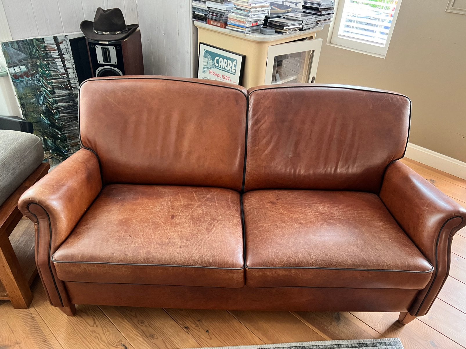 Cognac kleurige dikke leren bank, Ophalen, Nieuw, Rechte bank, 200 tot 250 cm