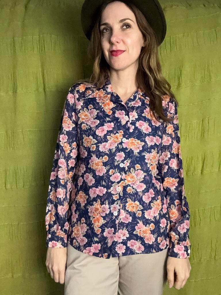 Vintage Jaren 70 blouse -print/bloemenprint- puntkraag 36/38, Hgv, Blauw, Hgv, Ophalen of Verzenden
