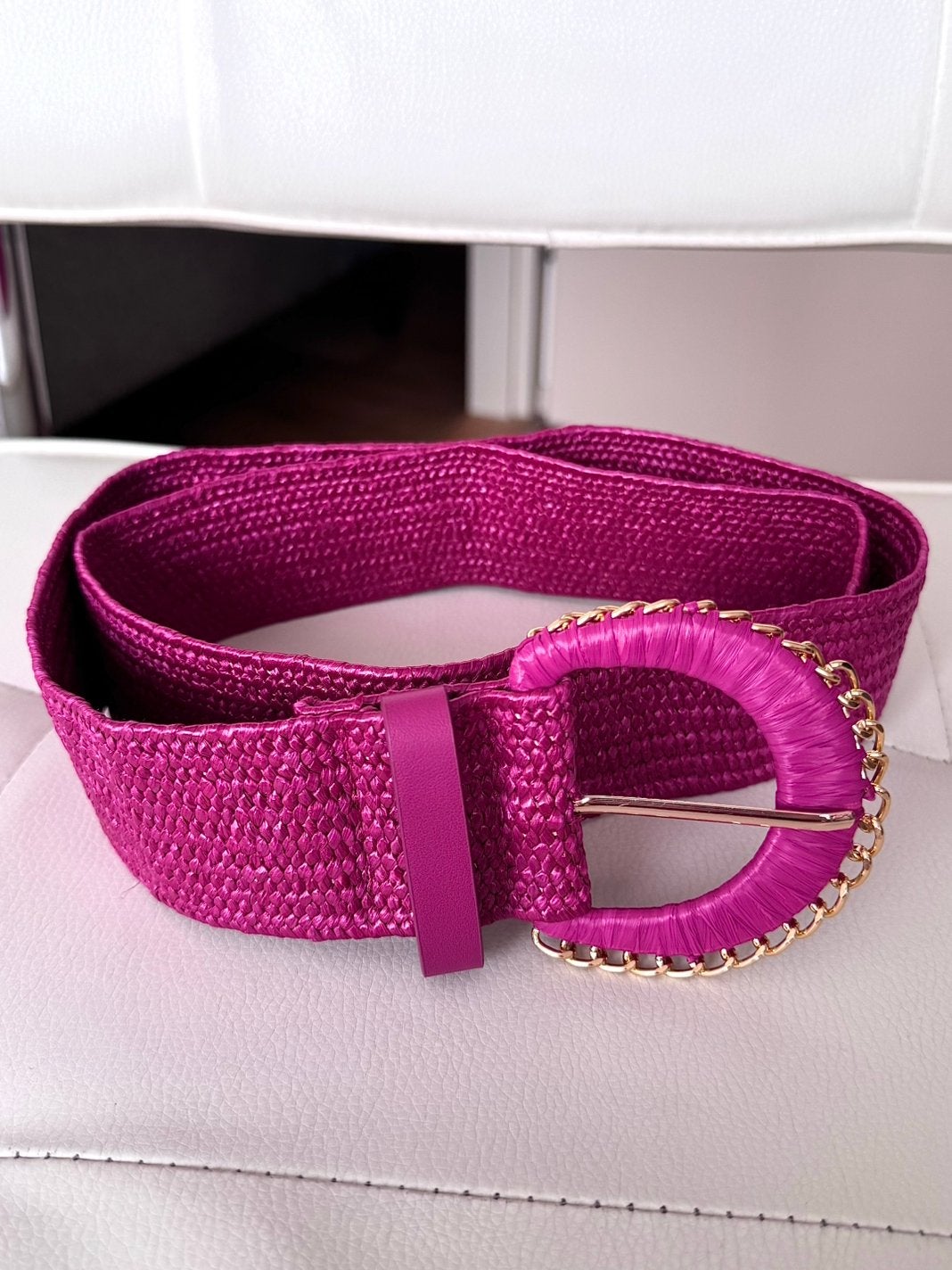 Shoeby chained raffia riem roze/goud maat M/L, Kleding | Dames, Riemen en Ceinturen, Overige kleuren, 3 tot 5 cm, 90 tot 100 cm