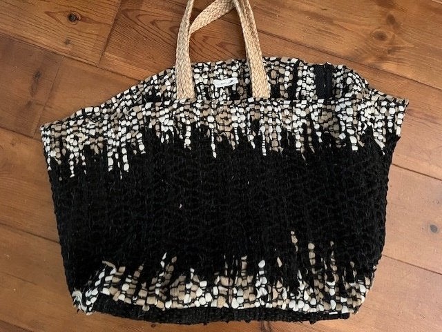 Grote gevlochten leren schoudertas zwart jute hengsels POMAX, Overige merken, Zwart, Nieuw, Ophalen of Verzenden