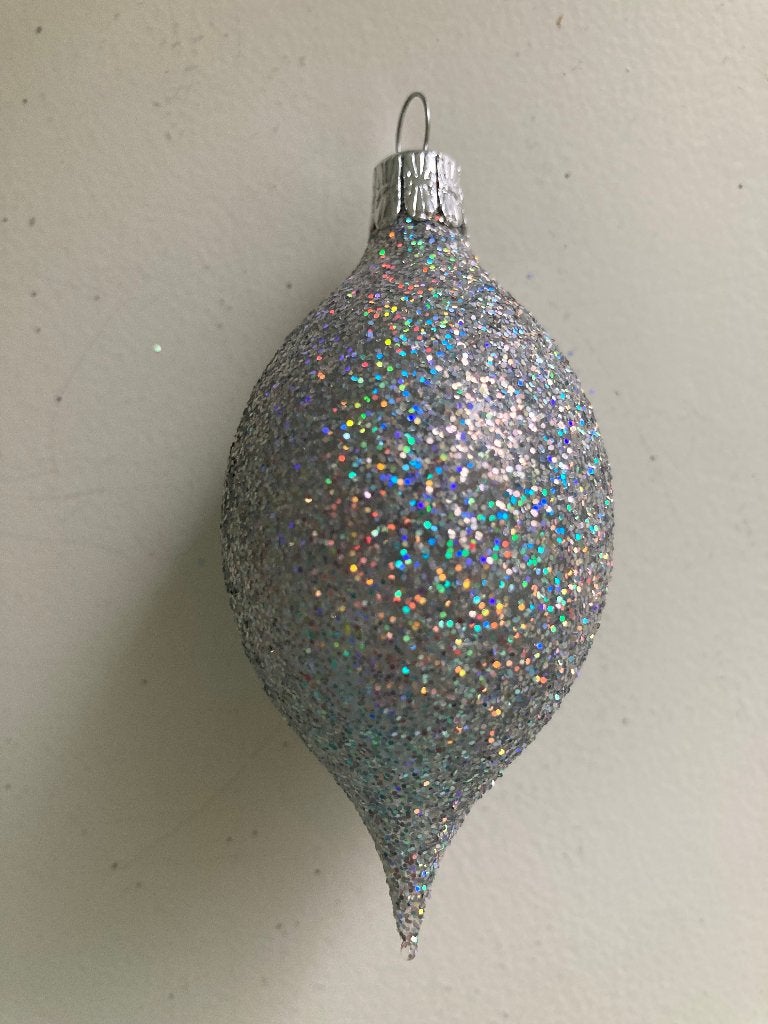 Vijf glazen, zilverkleurige glitter kerstballen, Ophalen of Verzenden, Gebruikt