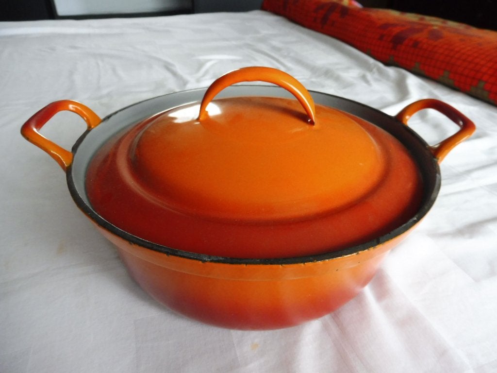Originele Dru geëmailleerde pan gietijzer 26 cm doorsnede, Ophalen, Gebruikt, Rvs