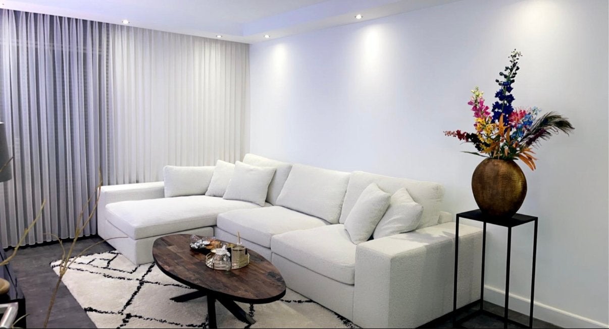 Richmond Interiors Santos 2,5-zits + lounge hoekbank boucle, Huis en Inrichting, 250 tot 300 cm, Gebruikt, Ophalen of Verzenden