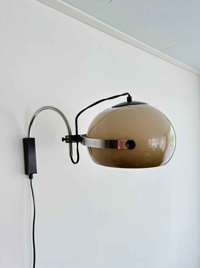 Vintage Dijkstra wandlamp - Bruine mushroom kap, chroom arm, Huis en Inrichting, Lampen | Wandlampen, ., Dijkstra, Ophalen of Verzenden