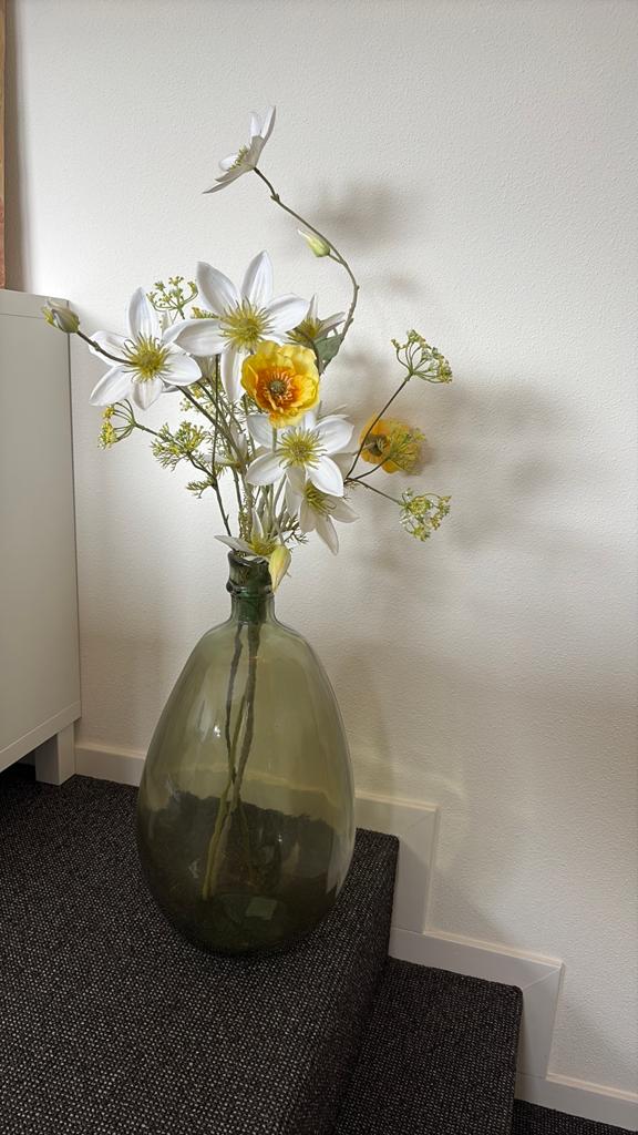 Mooie groen rook glas vaas met kunst bloemen, Ophalen, Minder dan 50 cm, Groen, Glas