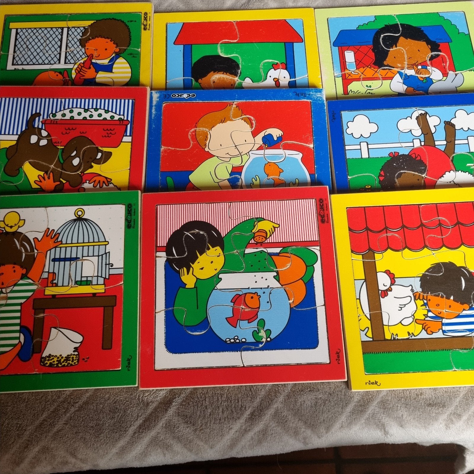 Vintage houten kinderpuzzels - Puzzelkist Kind-dier educo, Kinderen en Baby's, Speelgoed | Kinderpuzzels, 2 tot 4 jaar, Gebruikt