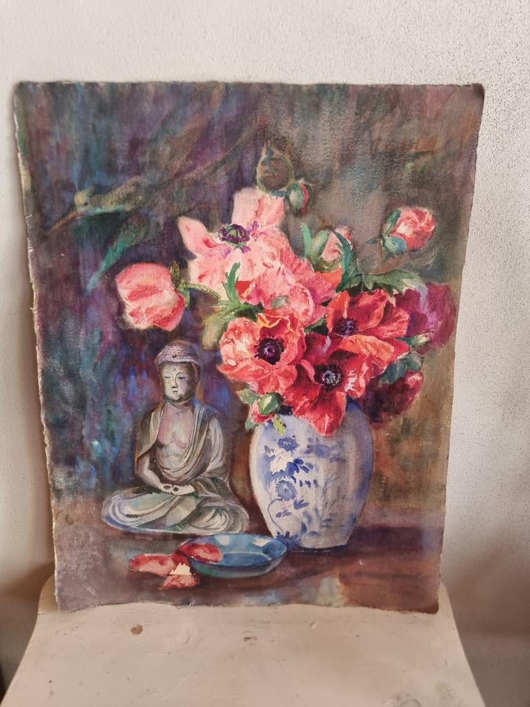 Oud aquarel op karton buddha bloemen stilleven  schapenweide, Antiek en Kunst, Curiosa en Brocante, Ophalen