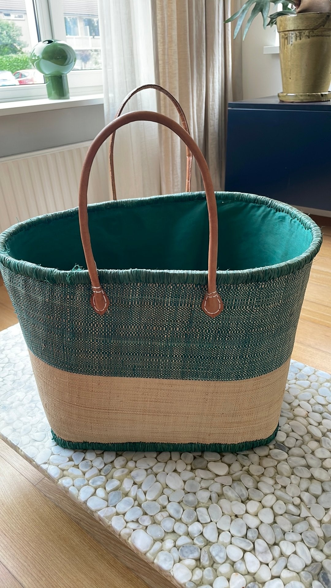 Prachtige grote rieten tas, Ophalen of Verzenden, Zo goed als nieuw, Groen, Shopper
