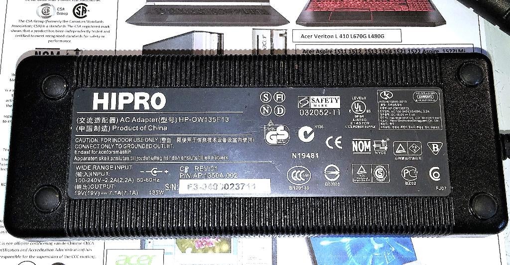 Hipro HP-OW135F13 Acer Asus Adapter 19V 7.11A 135W Oplader, Ophalen of Verzenden, Zo goed als nieuw, Hipro Acer
