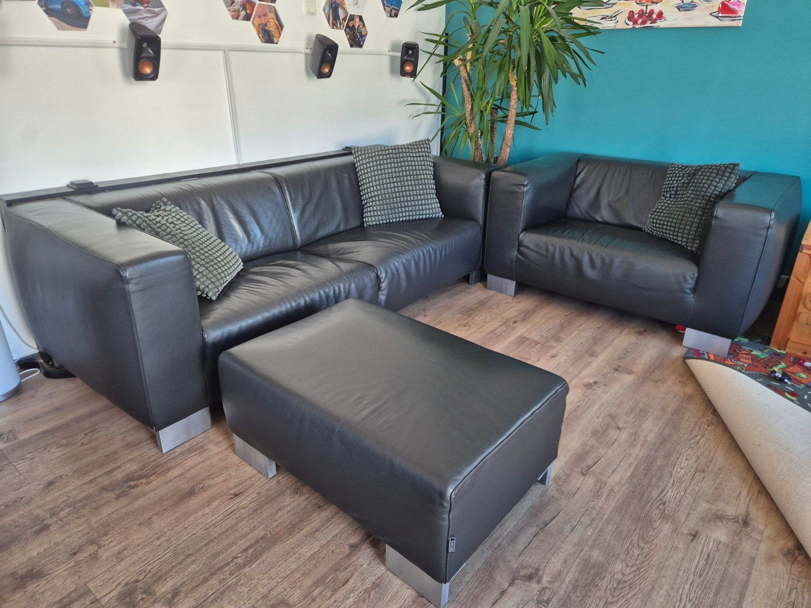 Linteloo leren 2-zitsbank, fauteuil en 2 hockers, Ophalen, Zo goed als nieuw, Leer