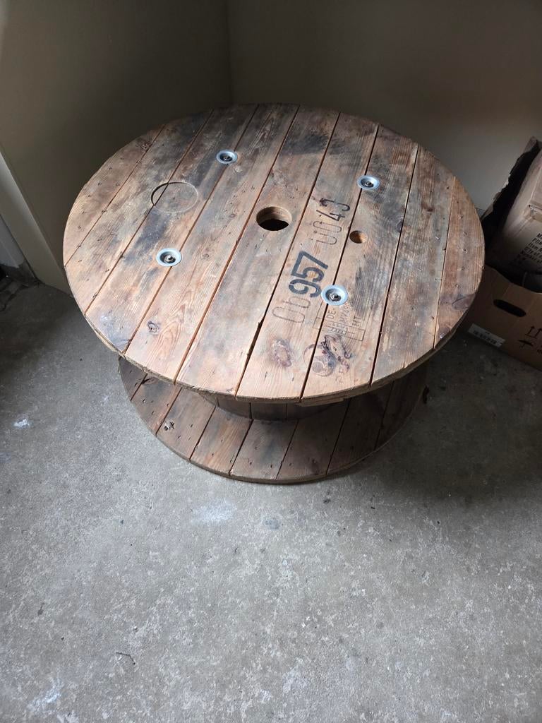 Houten haspel salontafel - 95cm diameter, Ophalen, Gebruikt, 50 tot 100 cm, Rond