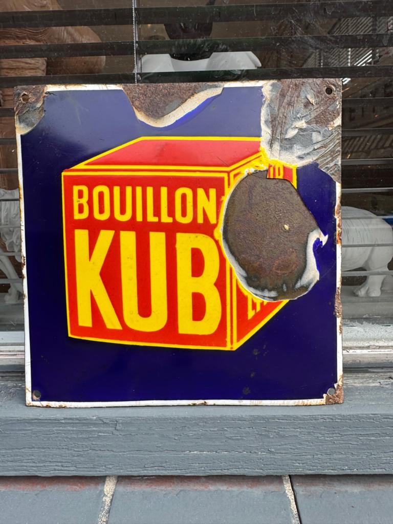 Vintage Bouillon Kub Emaille Reclamebord - Authentiek, Antiek en Kunst, Antiek | Emaille, Ophalen of Verzenden