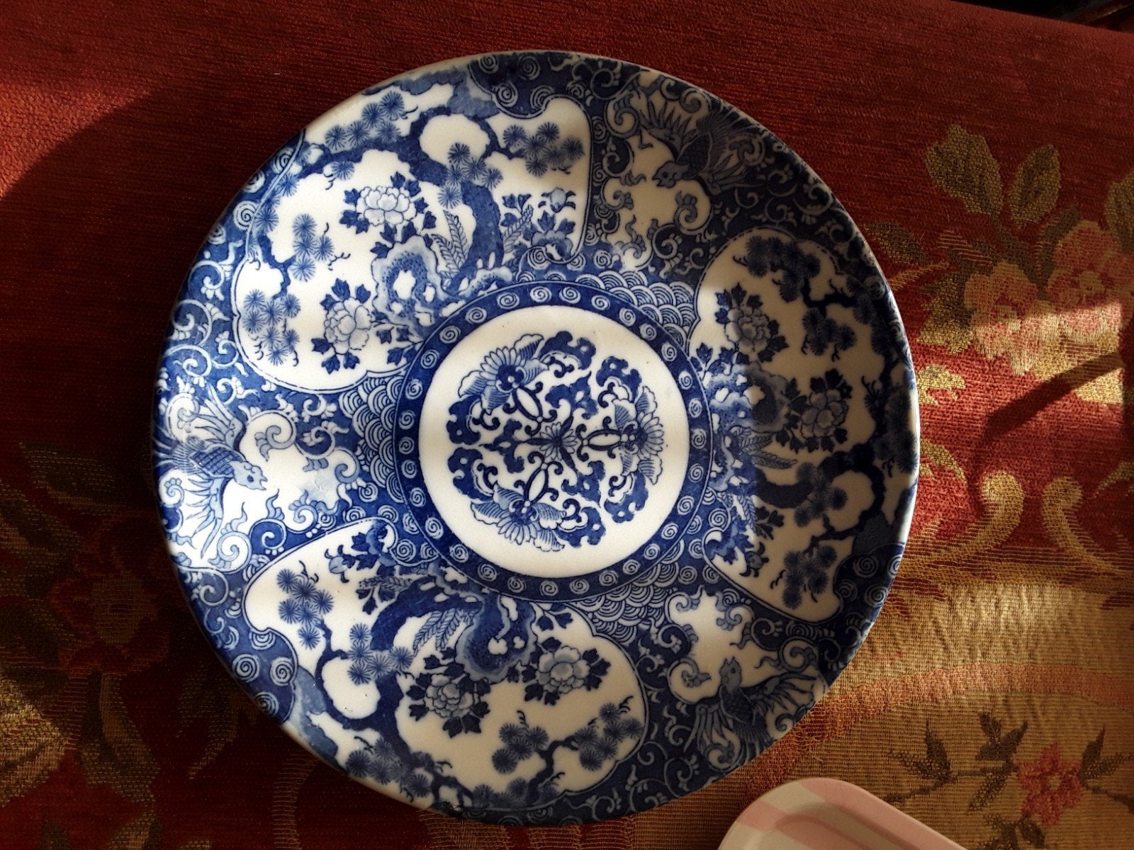 Antiek Japans bord met bloemenprint - Blauw/Wit, Ophalen of Verzenden
