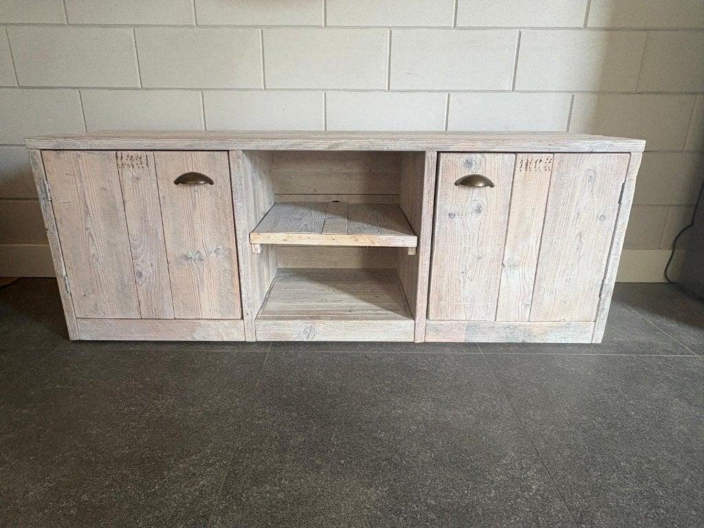 Steigerhouten TV meubel - 155x49x58cm, Ophalen, Gebruikt, 150 tot 200 cm, Landelijk