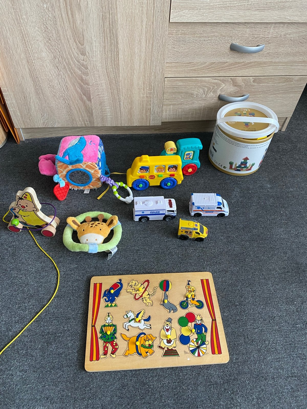 Diverse babyspeeltjes en houten puzzel, Verzenden, Gebruikt, Overige typen, Met geluid