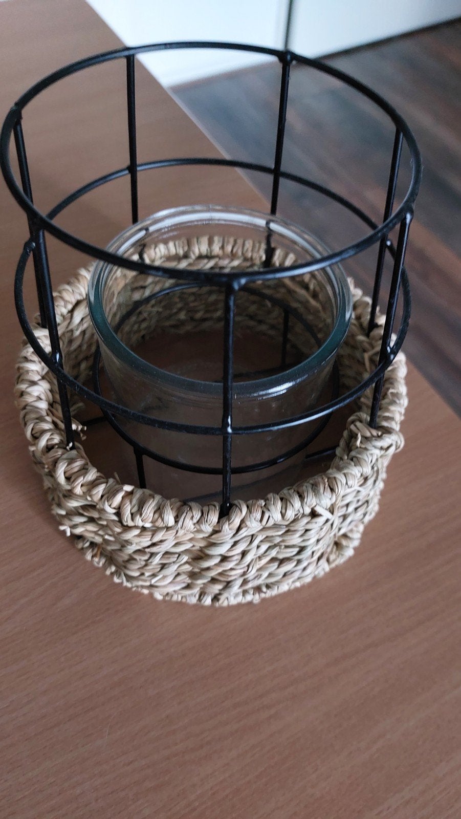 Decoratieve windlicht/waxinelichthouder van metaal en riet, Ophalen, Windlicht, Zwart, Nieuw