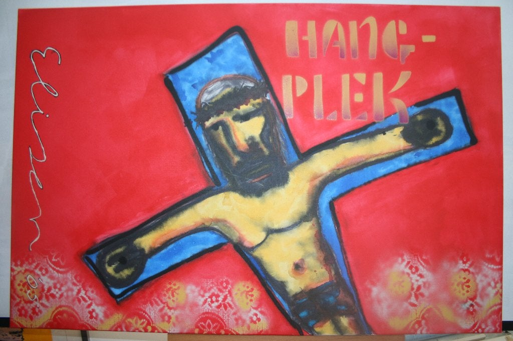 Marcel Elisen Hangplek origineel schilderij 120x80 cm + boek, Ophalen, Op houten frame, Textiel, Figuren
