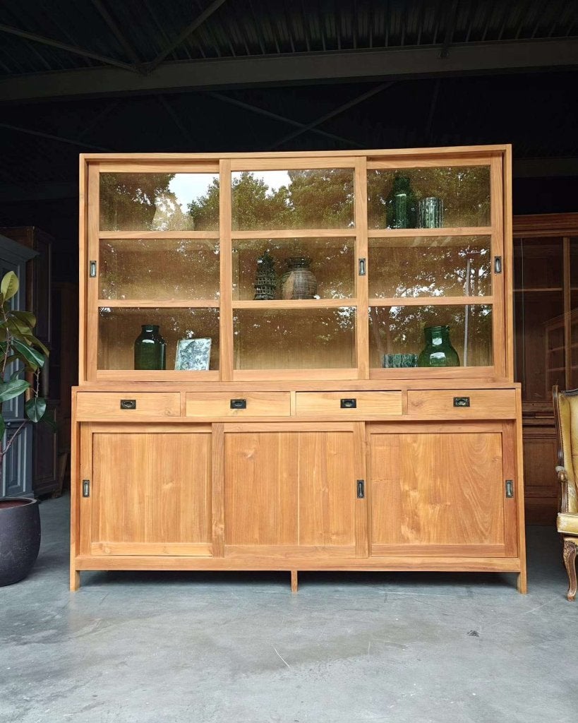 Grote teakhouten schoolkast | strakke buffetkast teak #4754, Huis en Inrichting, Kasten | Buffetkasten, Met deur(en), -, 200 cm of meer