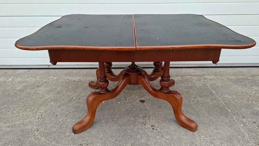Antieke houten tafel met kunst lederen blad, Ophalen of Verzenden
