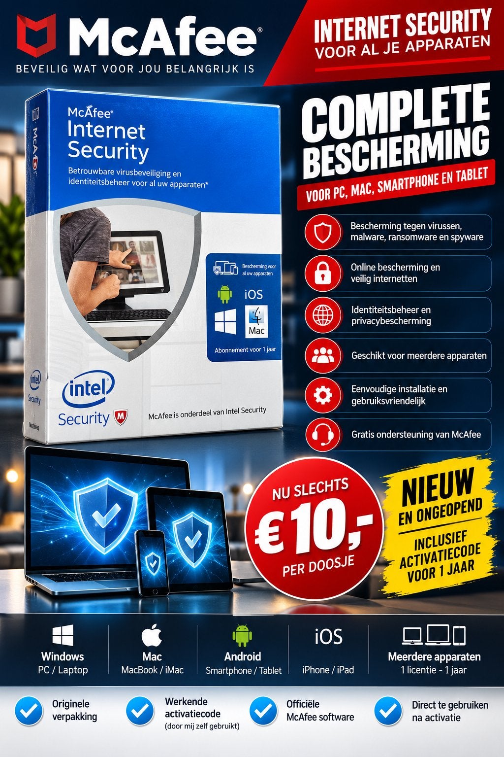 McAfee Internet Security - 1 jaar abonnement voor al je appa, Ophalen of Verzenden, Nieuw, MacOS