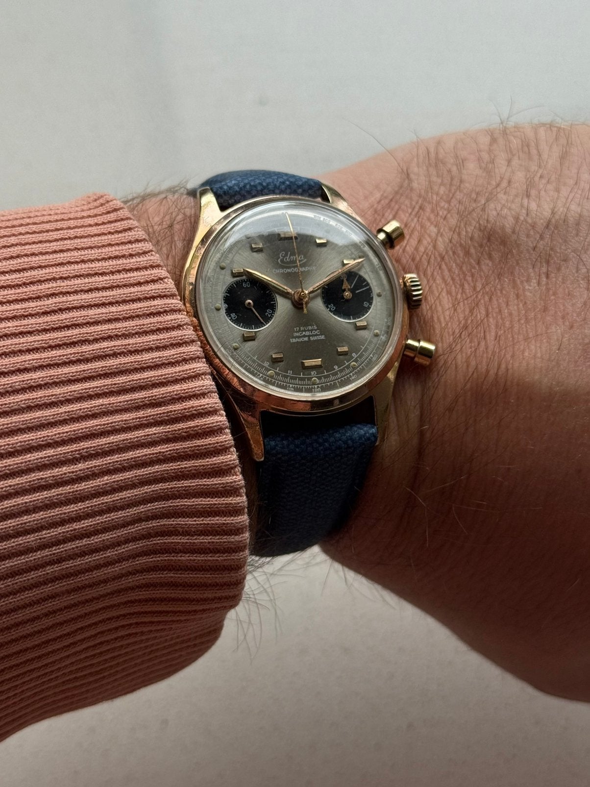 Edma Chronographe Sunburst dial Landeron 248 – ca. jaren ’50, Overige merken, Staal, Polshorloge, Ophalen of Verzenden