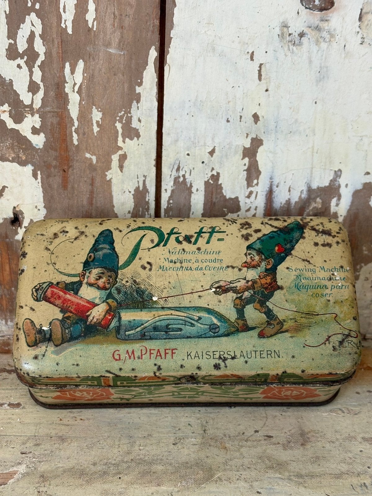 Antiek blikje Pfaff met kabouter lithografie, Ophalen of Verzenden, Gebruikt, Overige