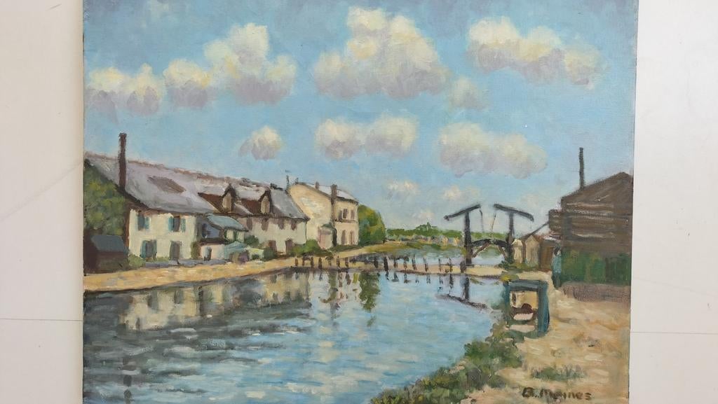 Meines vaart rivier landschap schilderij, Ophalen of Verzenden