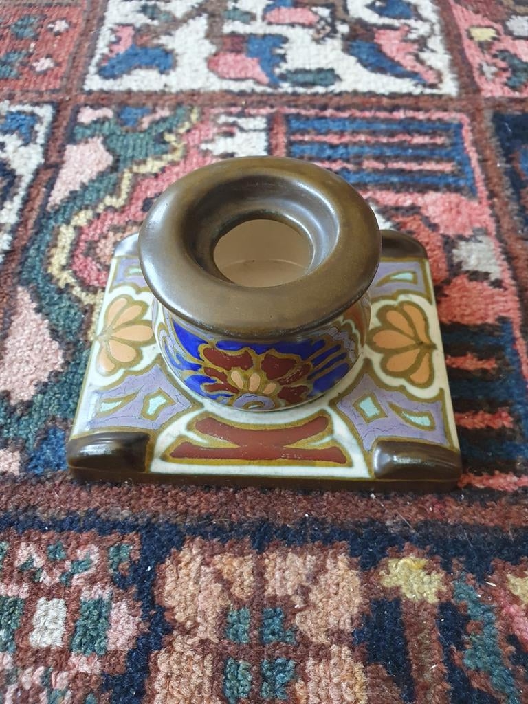 Antieke inktpot plateel, decor anjer., Ophalen of Verzenden