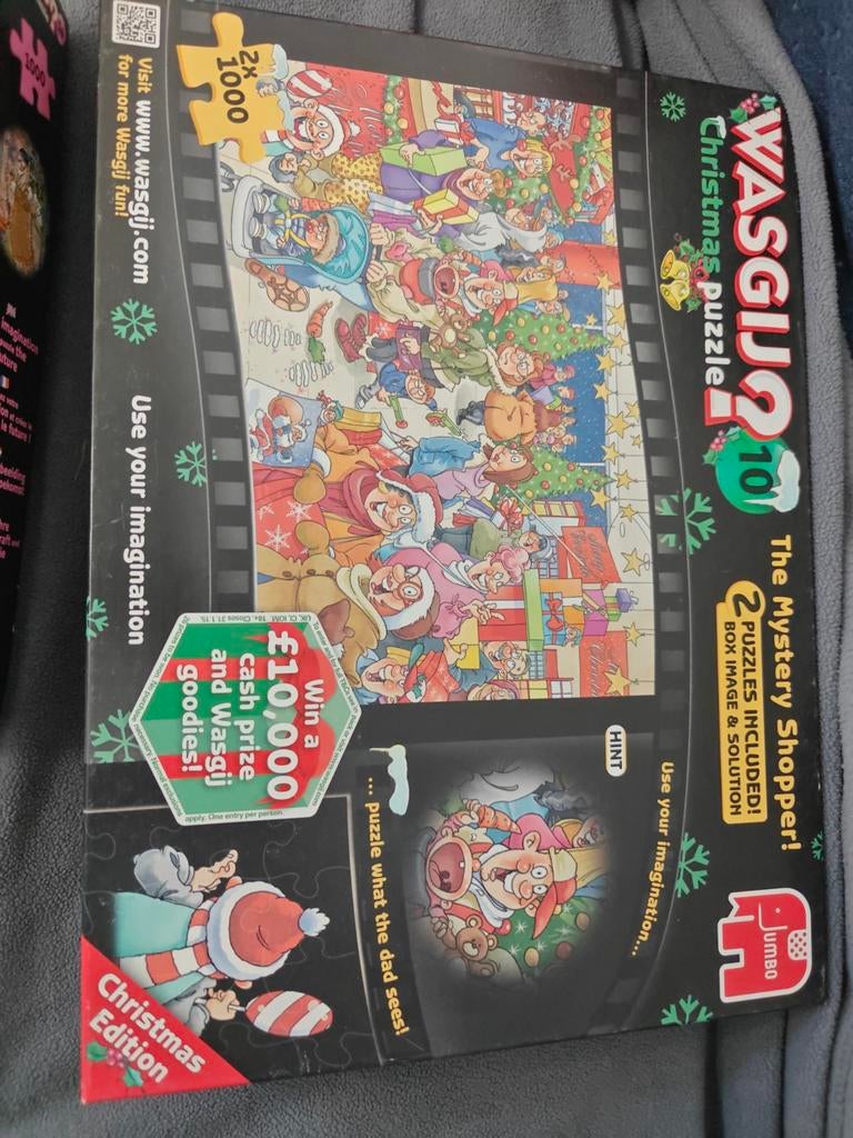 Wasgij Christmas puzzel the mystery shopper 2x 1000 st, Ophalen of Verzenden, 500 t/m 1500 stukjes, Gebruikt, Legpuzzel
