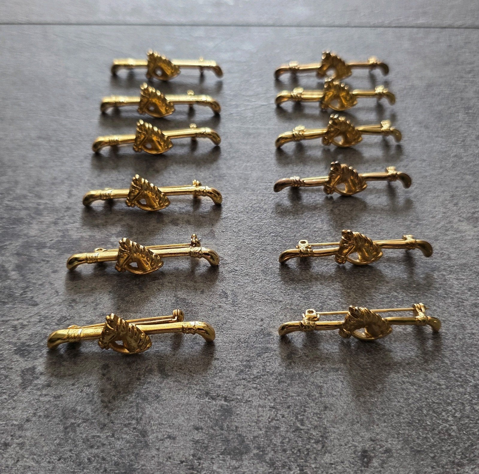 12x wedstrijd plastron speld spelden broche goud paard, Ophalen of Verzenden