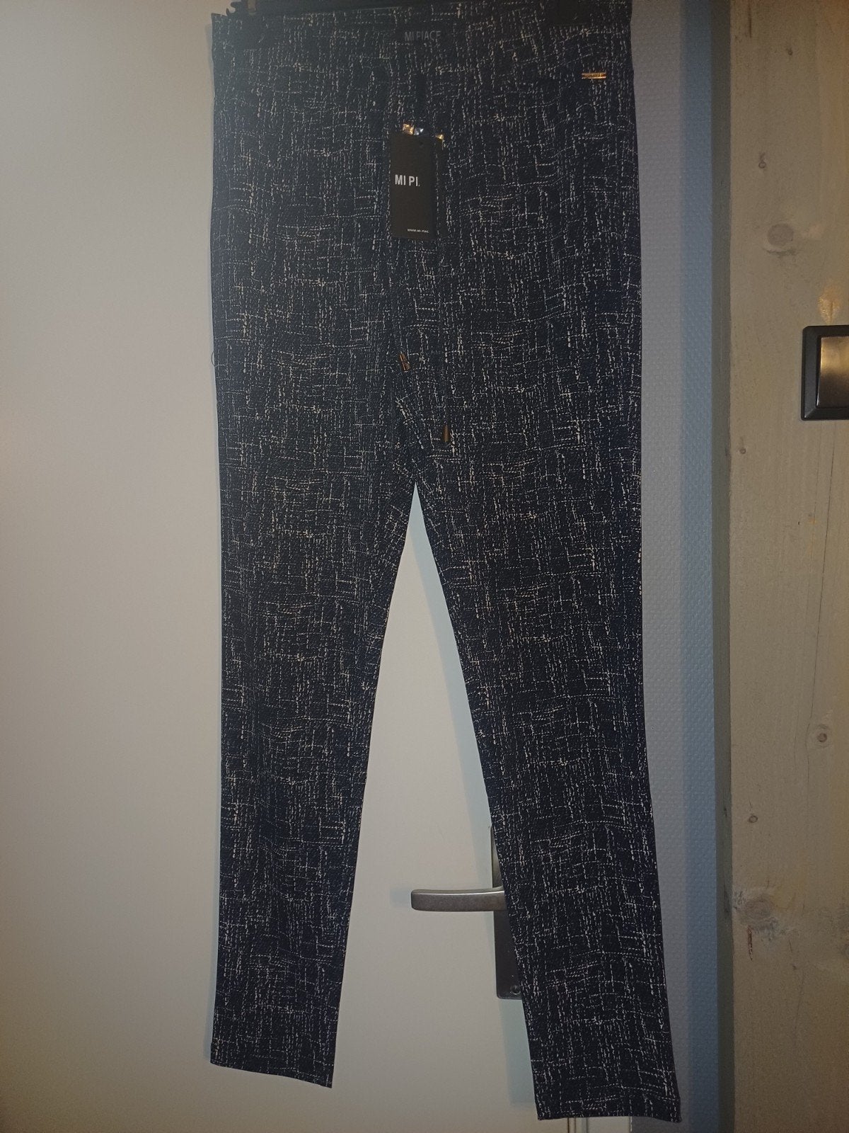 Mi Piace Skinny Travelbroek - Donkerblauw Linnenprint, Mp, Blauw, Maat 42/44 (L), Nieuw