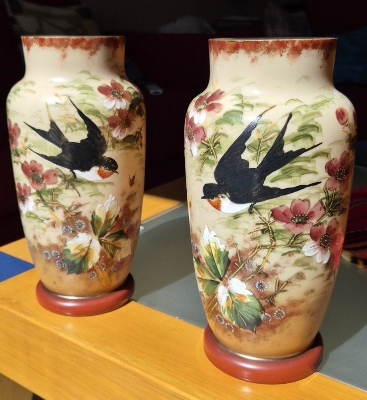 Set antieke opaline glazen vazen met japans motief, Antiek en Kunst, Antiek | Vazen, Ophalen