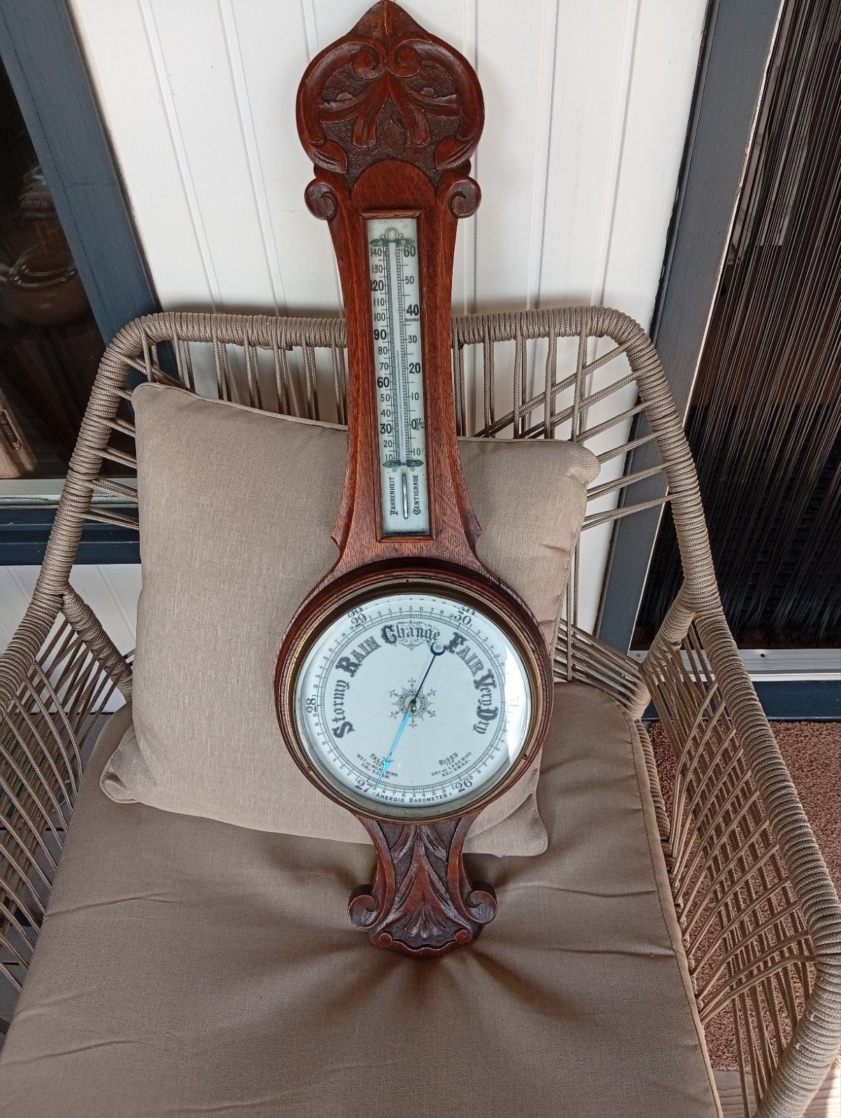 Antieke Barometer en Thermometer - Houtsnijwerk, Ophalen of Verzenden, Gebruikt, Barometer