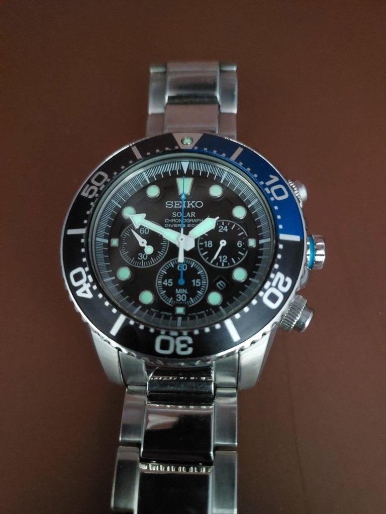 Seiko Prospex Solar Chronograph "Batman" (SSC017 ), Gebruikt, Staal, Polshorloge, Ophalen of Verzenden