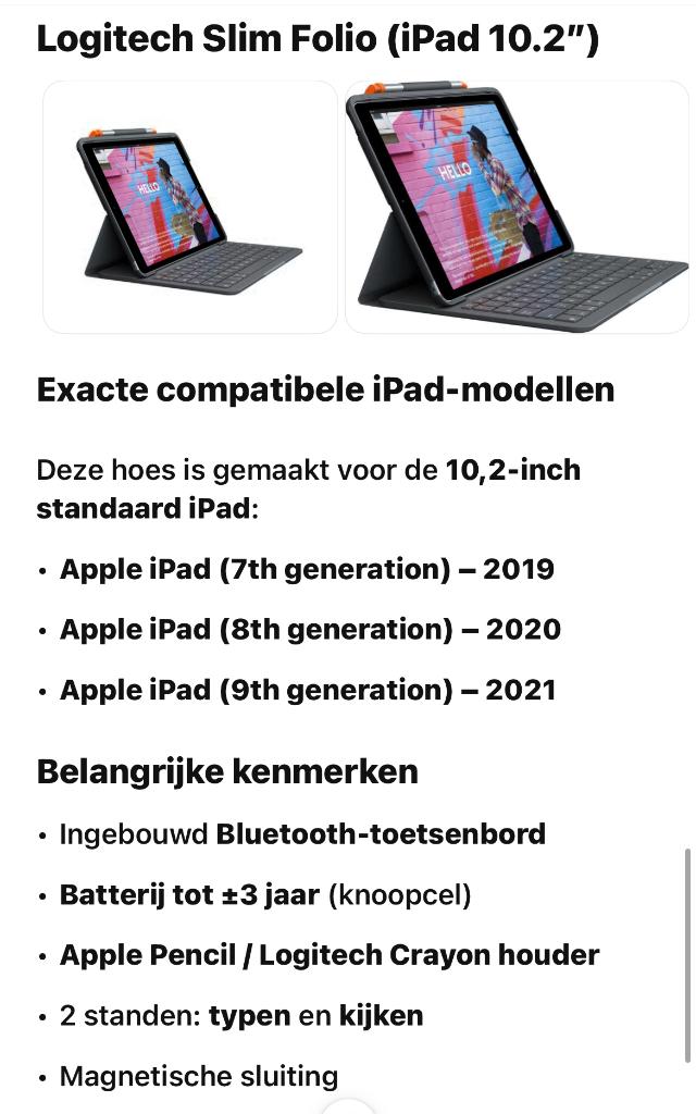 Logitech Slim Folio keyboard case voor iPad 10.2”, 10 inch, Logitech, Bescherming voor- en achterkant, Ophalen of Verzenden