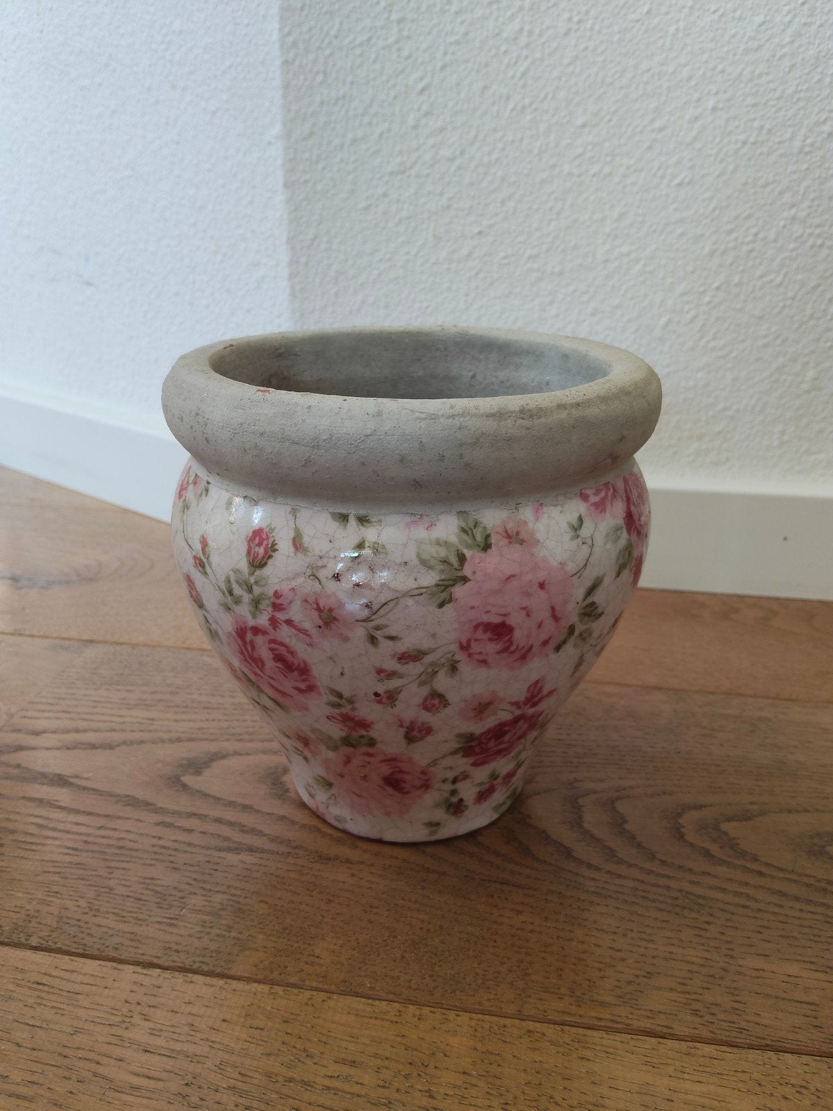 Emaille plantenpot met rozen, Ophalen, Rond, Zo goed als nieuw, Minder dan 40 cm