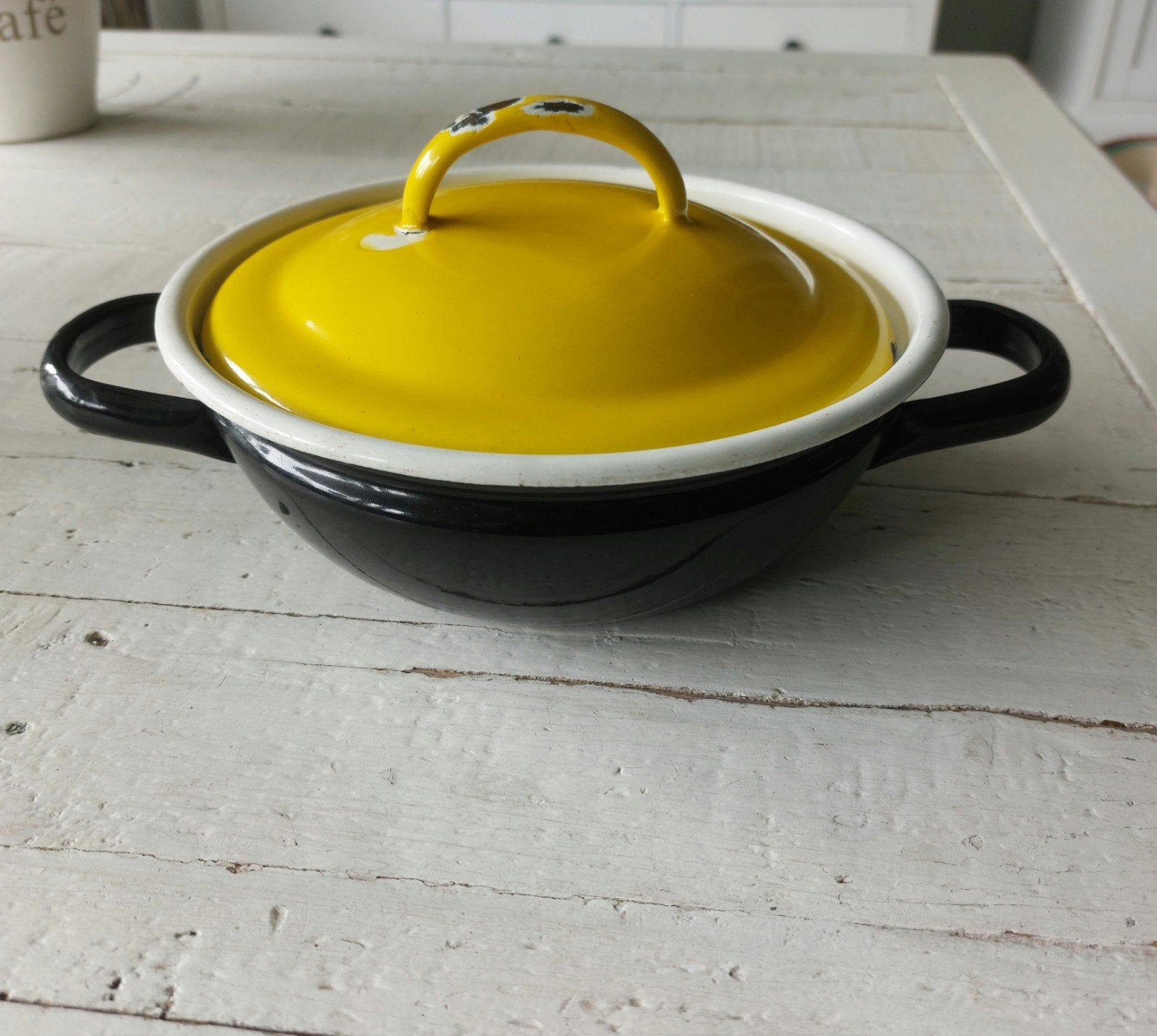Vintage geëmailleerde pan met deksel - Zwart/Geel, Ophalen of Verzenden