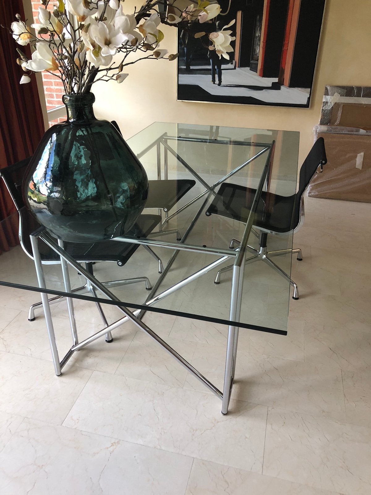 Glazen tafel op buisframe, Eileen Gray, 110 x 225 cm., Ophalen, Zo goed als nieuw, Rechthoekig, 200 cm of meer