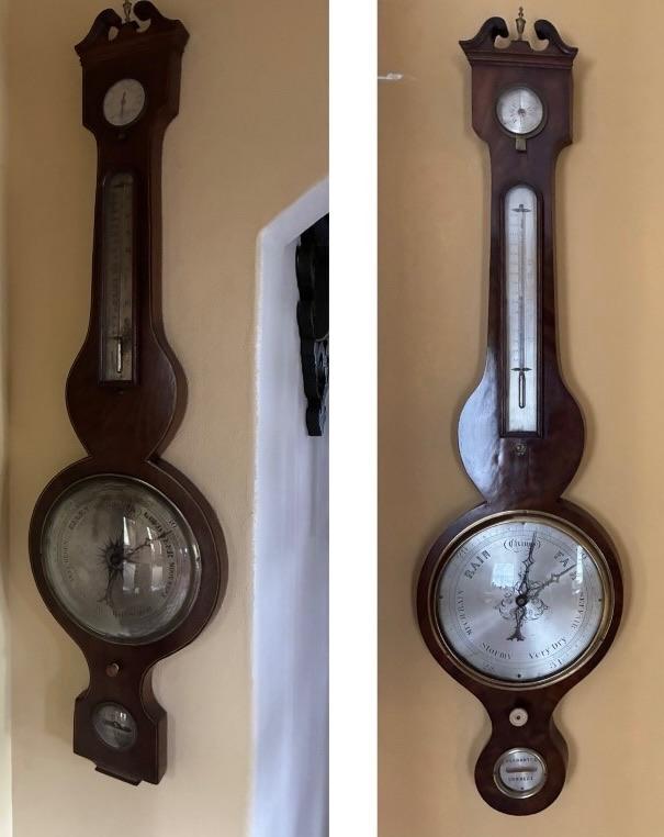 Twee antieke banjo barometers | mahonie | 19e eeuw, Ophalen, Gebruikt, Barometer