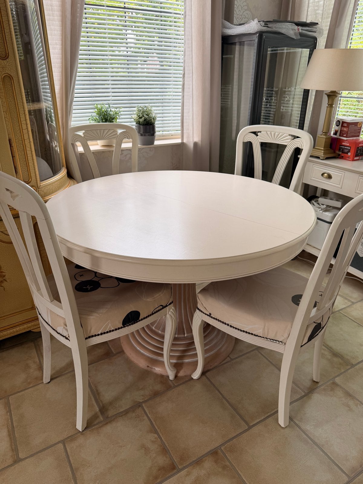 Eethoek met uitschuifbaar blad - Rond (Diameter 118 cm), Ophalen, Gebruikt, 100 tot 150 cm, Rond