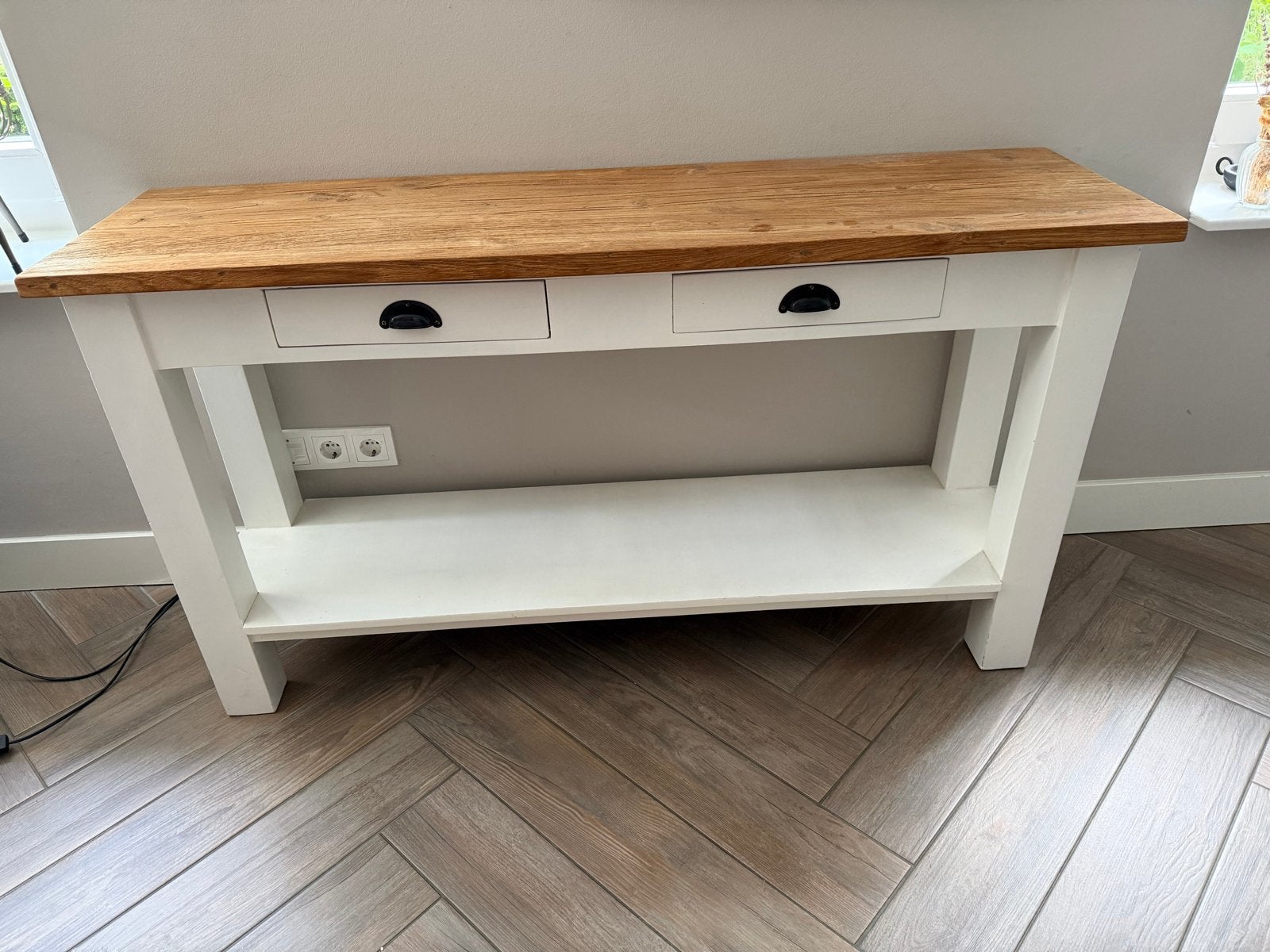 Sidetable met lades en plank - Wit met eiken blad, Huis en Inrichting, Tafels | Eettafels, Ophalen, 100 tot 150 cm, Minder dan 50 cm