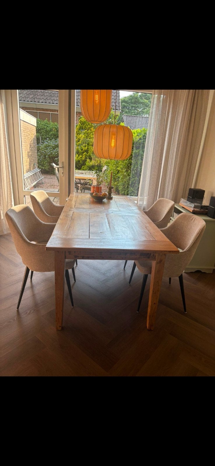 Te koop mooie teak houten tafel met 2 laatjes., Ophalen, Gebruikt, 50 tot 100 cm, Landelijk