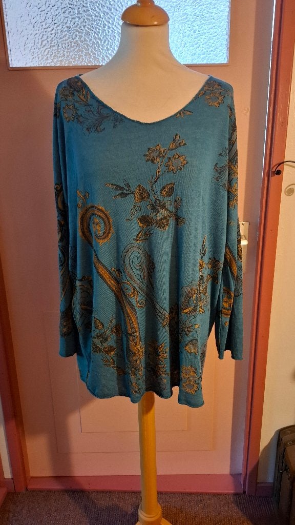Top zgan dunne stof blauw bloemen lange mouw mt XL. 7,50, Blauw, Maat 46/48 (XL) of groter, Ophalen of Verzenden, Zo goed als nieuw