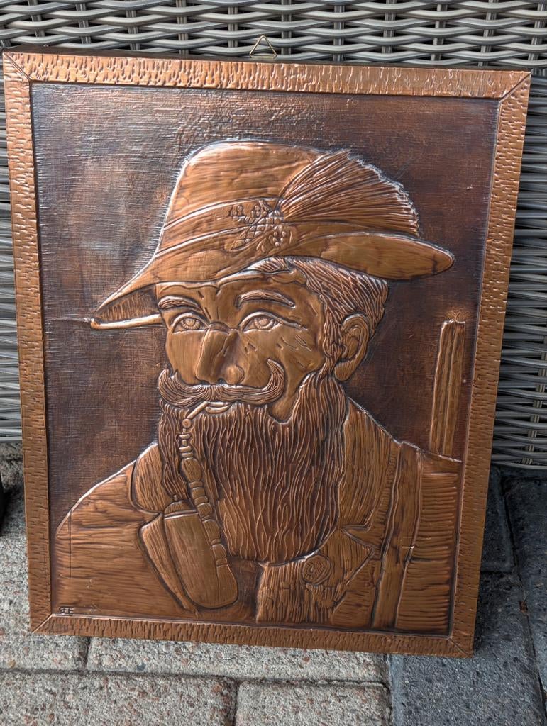 Ouderwets Koperen Schilderij met Man met Pijp, Antiek en Kunst, Antiek | Koper en Brons, Ophalen of Verzenden, Koper