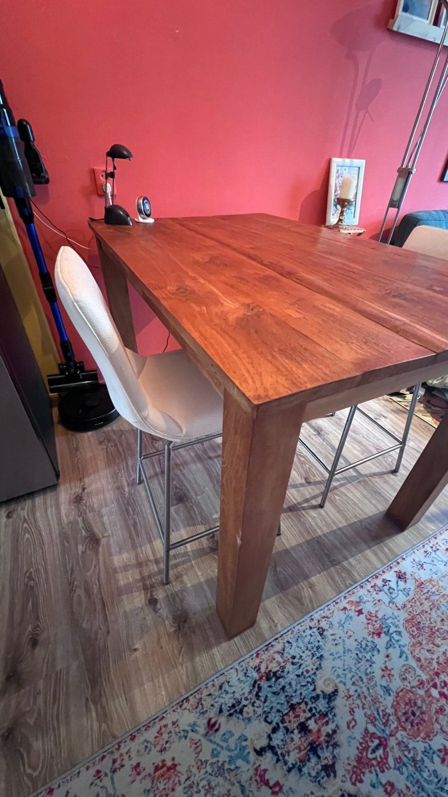 Hoge Teak eettafel met 2 Xooon  krukjes, Ophalen, Gebruikt, 100 tot 150 cm, Teakhout