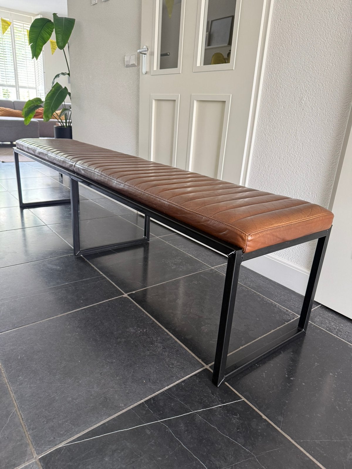 Goossens cognac leren eetkamer bank industrieel 210 x 45 cm, Ophalen, Gebruikt, Overige maten, Minder dan 75 cm