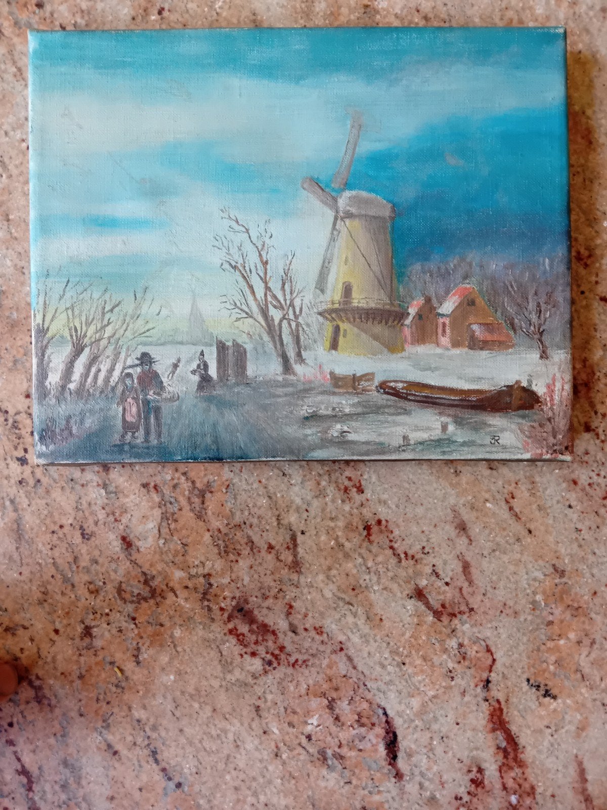 Hollands winterlandschap met molen en schaatsers, Ophalen of Verzenden